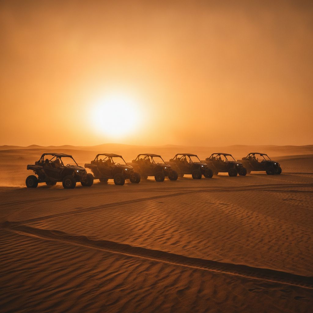 A lineup of ThrillOffroad rental UTVs staged in the desert at sunset